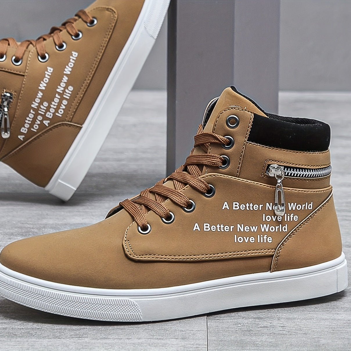 Lace-up High Top Zipper Skate Shoes, Breathable Sneakers